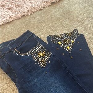 Boston Proper Blue and Gold Skinny Jeans with Ornate Embellishments